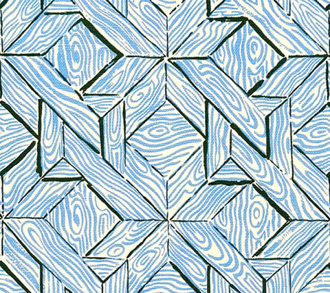 China Seas Fabric: Parquetry - Custom French Blue / Green on White Belgian Linen / Cotton