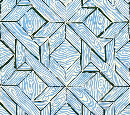 China Seas Fabric: Parquetry - Custom French Blue / Green on White Belgian Linen / Cotton