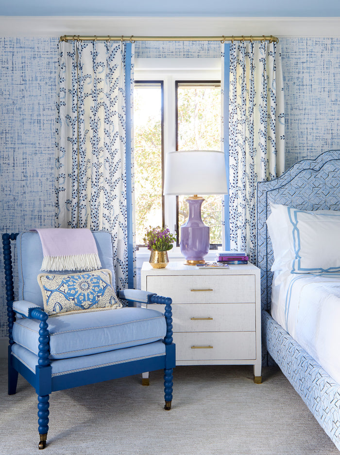 China Seas Fabric: Parquetry - Custom French Blue / Green on White Belgian Linen / Cotton