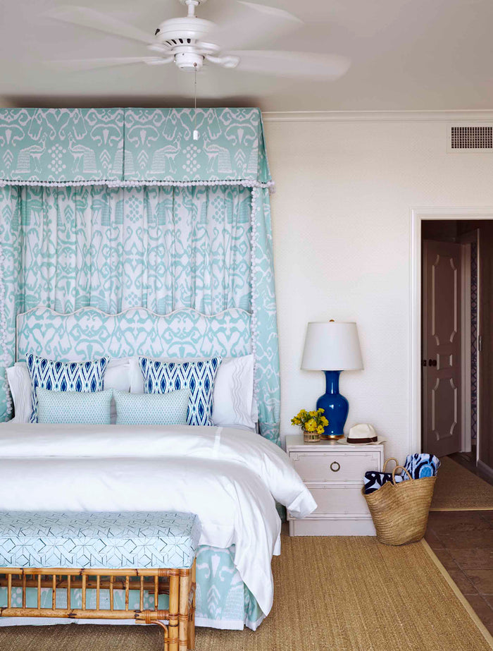 China Seas Fabric: Parquetry - Custom French Blue / Green on White Belgian Linen / Cotton