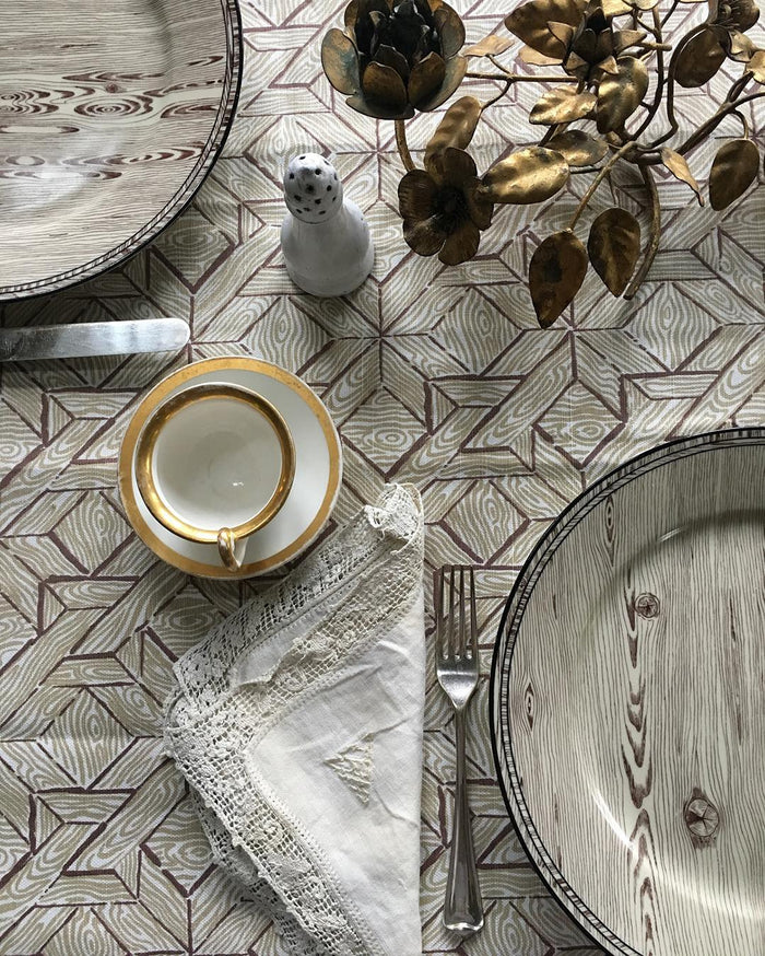 China Seas Fabric: Parquetry - Custom French Blue / Green on White Belgian Linen / Cotton