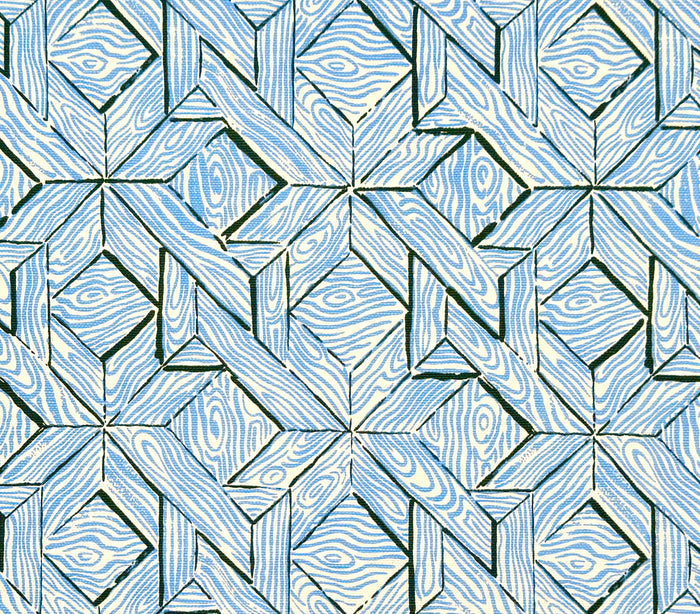 China Seas Fabric: Parquetry - Custom French Blue / Green on White Belgian Linen / Cotton