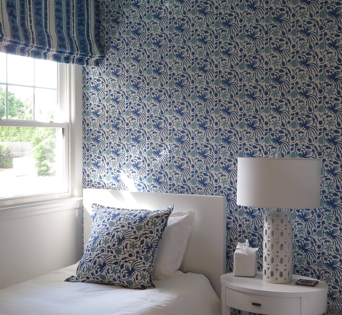 China Seas Fabric: Seya - Custom Blue / Brown on Tinted Belgian Linen / Cotton