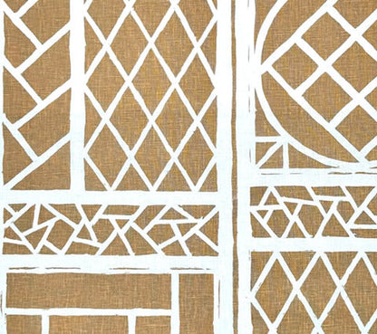 China Seas Fabric: Trellis Background - Custom Camel II on White 100% Linen