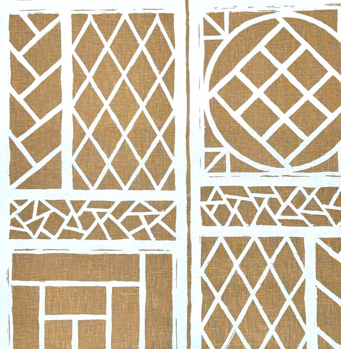 China Seas Fabric: Trellis Background - Custom Camel II on White 100% Linen
