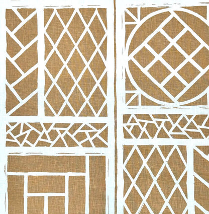 China Seas Fabric: Trellis Background - Custom Camel II on White 100% Linen