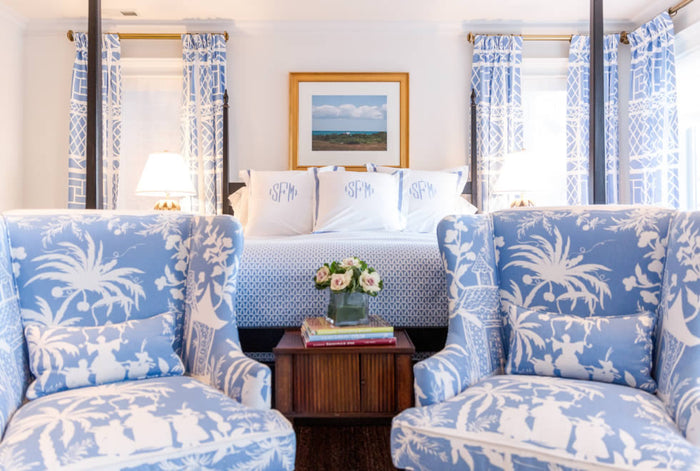 China Seas Fabric: Trellis Background - Custom Navy on White 100% Linen
