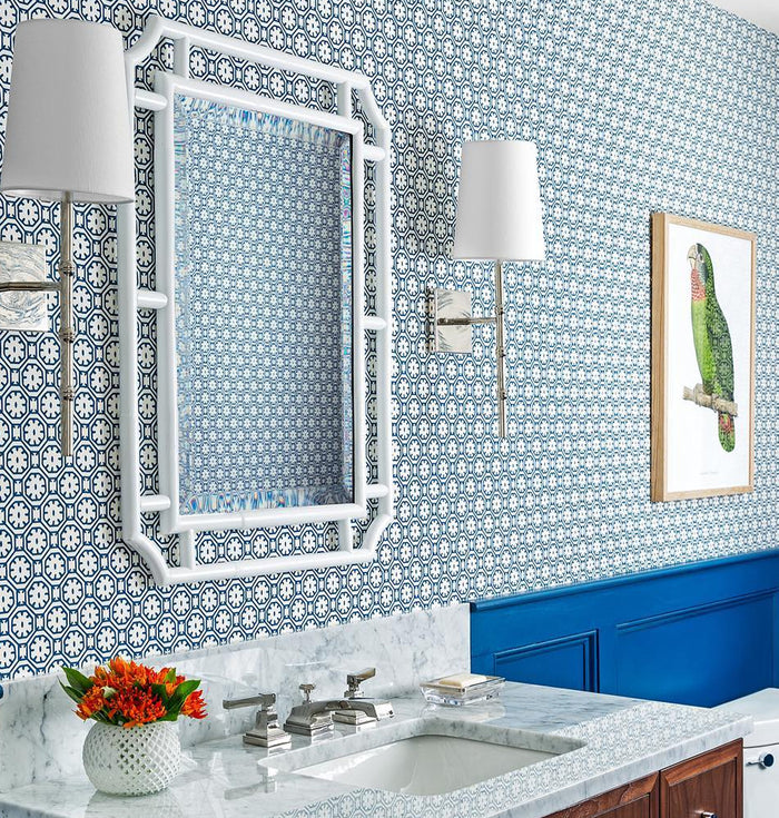 China Seas Wallpaper: Ceylon Batik - Custom Georgian Bay Blue on White Paper (FIVE YARD MINIMUM)