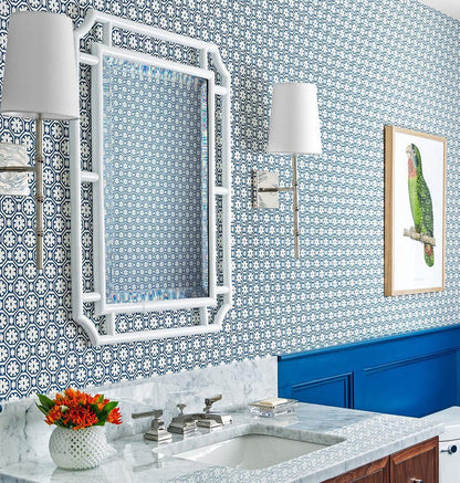 China Seas Wallpaper: Ceylon Batik - Custom Georgian Bay Blue on White Paper (FIVE YARD MINIMUM)