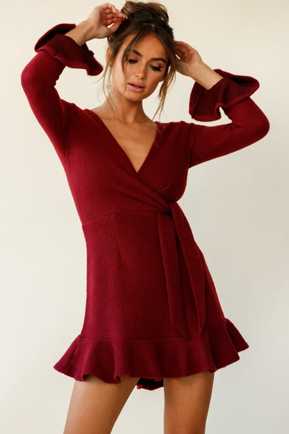 Shalini Flared Cuff Surplice Neckline Knit Dress Wine