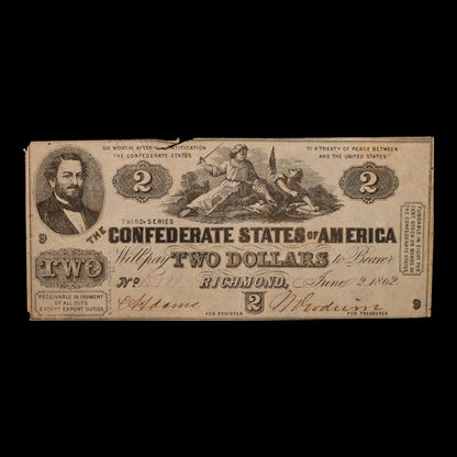 Confederate States of America, $2 Note - 1862 - American Civil War