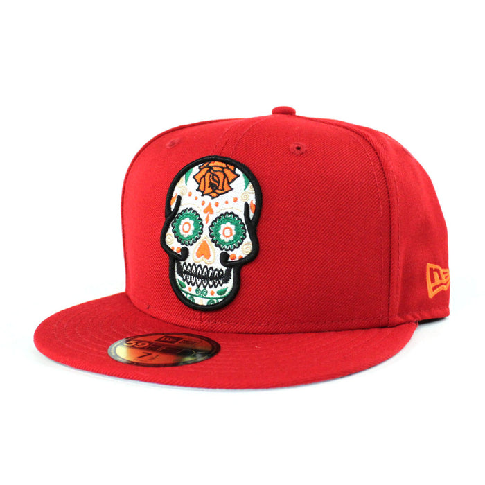 Day of the Dead SUGAR SKULL 59Fifty New Era Fitted Hat (Red Glow in the Dark Gray Under Brim)