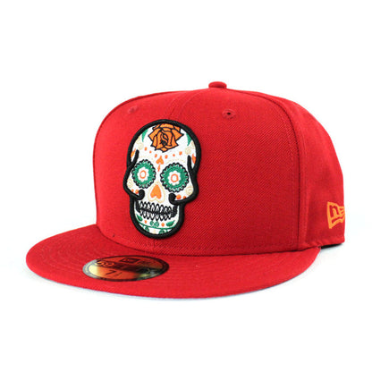 Day of the Dead SUGAR SKULL 59Fifty New Era Fitted Hat (Red Glow in the Dark Gray Under Brim)