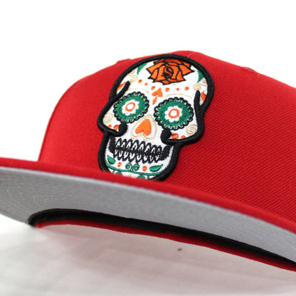 Day of the Dead SUGAR SKULL 59Fifty New Era Fitted Hat (Red Glow in the Dark Gray Under Brim)