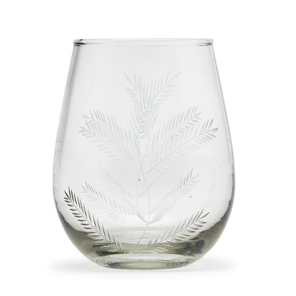 Fern Stemless Wine Glass with Etched Design