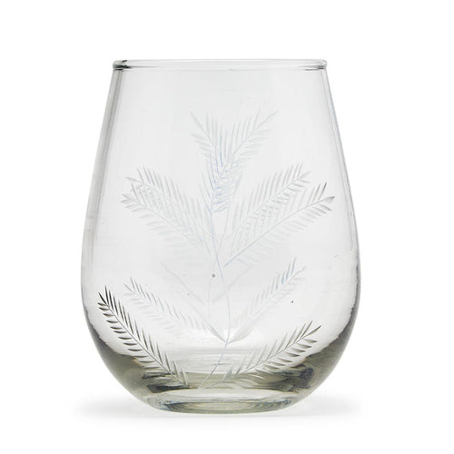 Fern Stemless Wine Glass with Etched Design