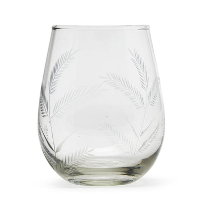 Fern Stemless Wine Glass with Etched Design