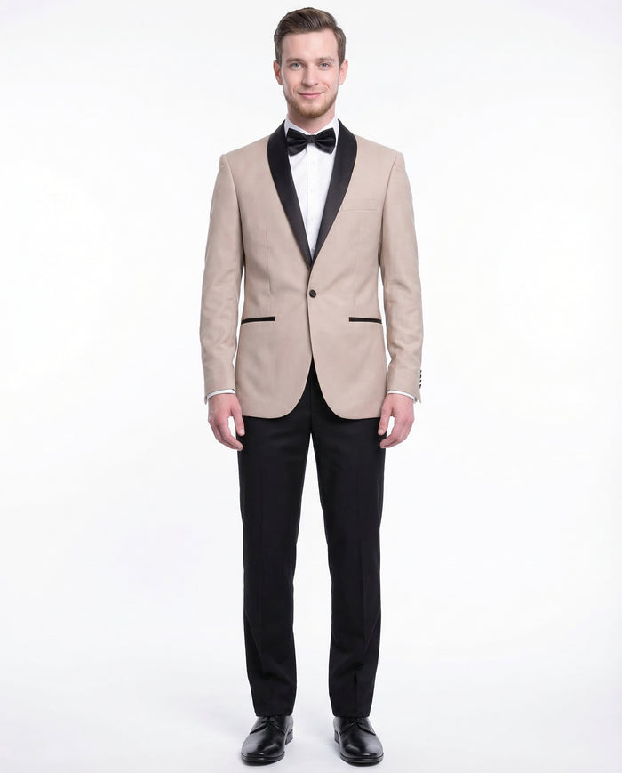 Gino Vitale Mens Slim Fit Khaki Tan One Button Tuxedo Suit With Shawl Lapels - The Suit Depot
