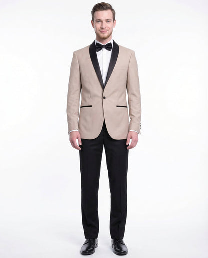 Gino Vitale Mens Slim Fit Khaki Tan One Button Tuxedo Suit With Shawl Lapels - The Suit Depot