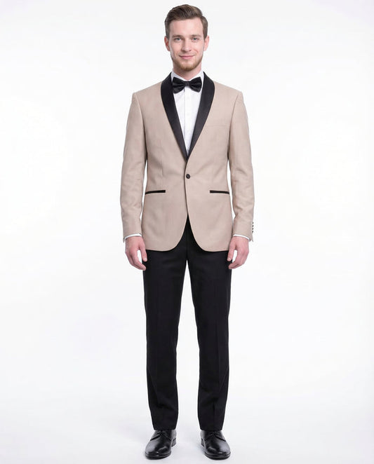 Gino Vitale Mens Slim Fit Khaki Tan One Button Tuxedo Suit With Shawl Lapels - The Suit Depot