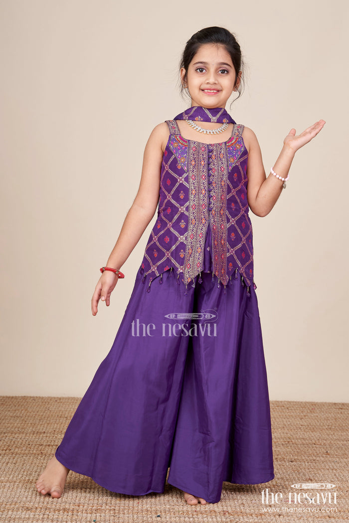 The Nesavu Girls Sharara / Plazo Set Girls Purple Sharara Set with Embroidered Yoke for Festive Occasions Nesavu 24 (5Y) / Purple GPS748A-24 Nesavu girls purple sharara set embroidered yoke plazo pants weddings festive wear