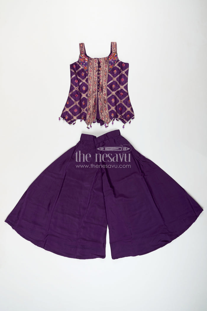 The Nesavu Girls Sharara / Plazo Set Girls purple sharara set with embroidered yoke for festive occasions Nesavu Nesavu girls purple sharara set embroidered yoke plazo pants weddings festive wear