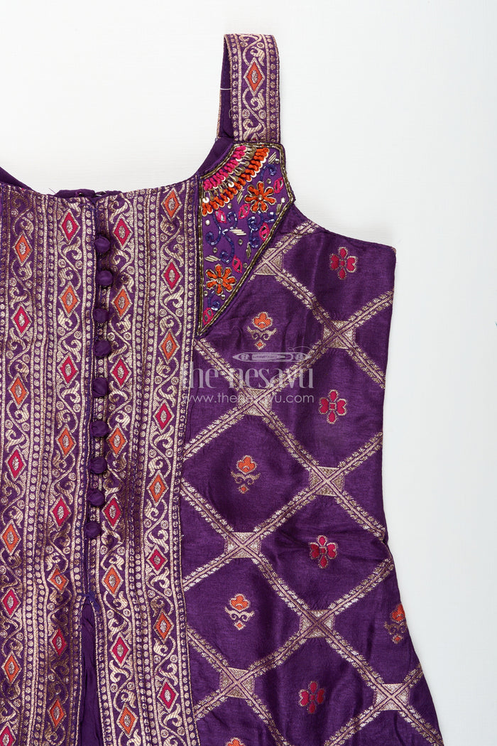 The Nesavu Girls Sharara / Plazo Set Girls purple sharara set with embroidered yoke for festive occasions Nesavu Nesavu girls purple sharara set embroidered yoke plazo pants weddings festive wear