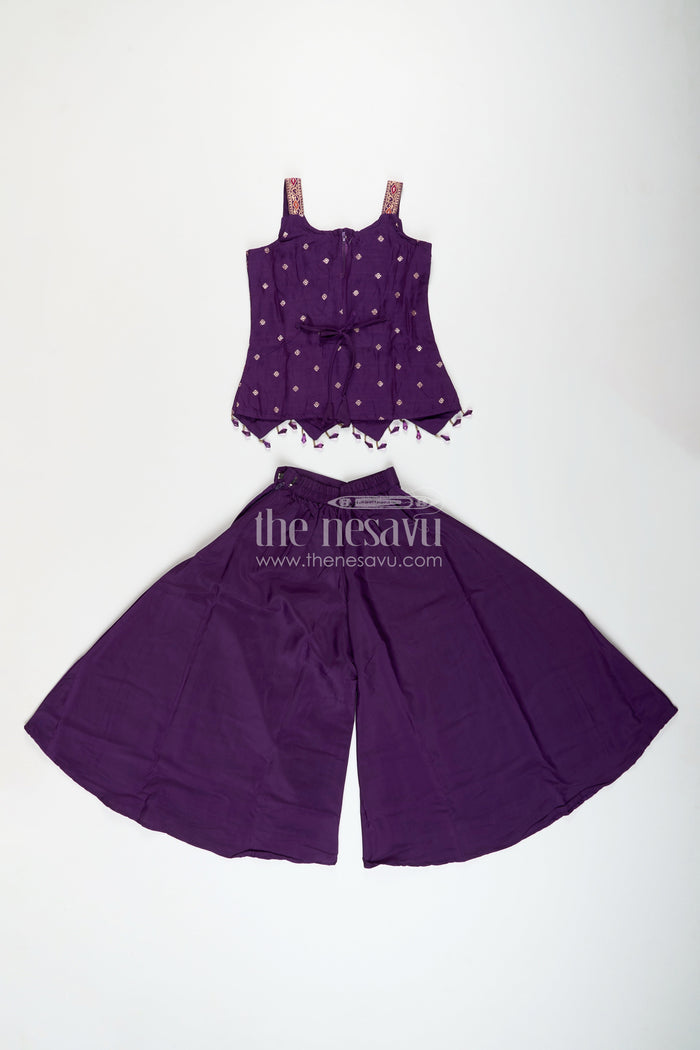 The Nesavu Girls Sharara / Plazo Set Girls purple sharara set with embroidered yoke for festive occasions Nesavu Nesavu girls purple sharara set embroidered yoke plazo pants weddings festive wear
