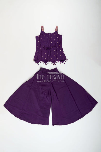 The Nesavu Girls Sharara / Plazo Set Girls purple sharara set with embroidered yoke for festive occasions Nesavu Nesavu girls purple sharara set embroidered yoke plazo pants weddings festive wear