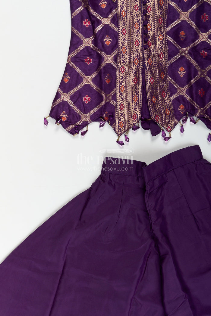 The Nesavu Girls Sharara / Plazo Set Girls purple sharara set with embroidered yoke for festive occasions Nesavu Nesavu girls purple sharara set embroidered yoke plazo pants weddings festive wear