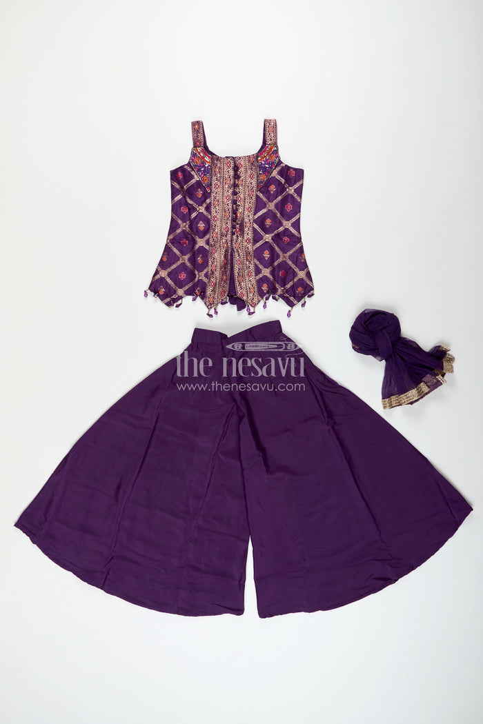 The Nesavu Girls Sharara / Plazo Set Girls purple sharara set with embroidered yoke for festive occasions Nesavu Nesavu girls purple sharara set embroidered yoke plazo pants weddings festive wear