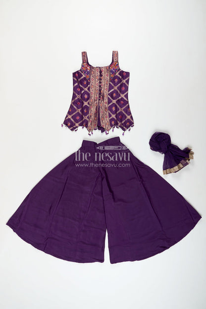 The Nesavu Girls Sharara / Plazo Set Girls purple sharara set with embroidered yoke for festive occasions Nesavu Nesavu girls purple sharara set embroidered yoke plazo pants weddings festive wear