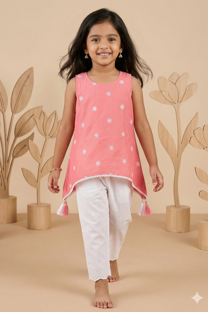 The Nesavu Girls Sharara / Plazo Set Girls Sharara Set for Festive Wear and Family Functions Nesavu 18 (2Y) / Peach / Crepe GPS243C-18 Nesavu Girls Crepe Cotton Sharara Set With Thread Embroidery For Festive Wear And Family Functions