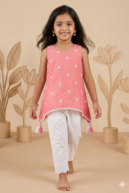 The Nesavu Girls Sharara / Plazo Set Girls Sharara Set for Festive Wear and Family Functions Nesavu 18 (2Y) / Peach / Crepe GPS243C-18 Nesavu Girls Crepe Cotton Sharara Set With Thread Embroidery For Festive Wear And Family Functions