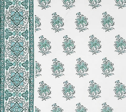 Home Couture Fabric: Persian Flower with Border - Custom Multi Aquas on White 100% Linen
