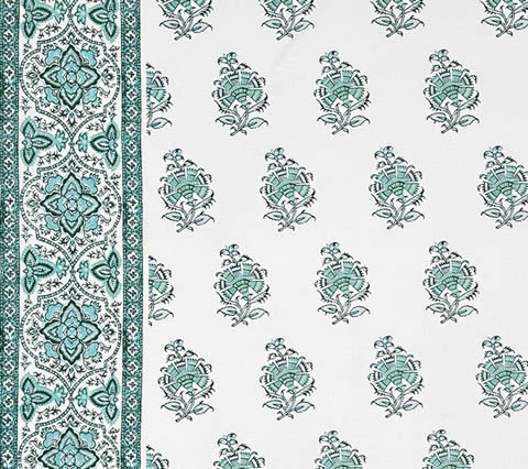 Home Couture Fabric: Persian Flower with Border - Custom Multi Aquas on White 100% Linen