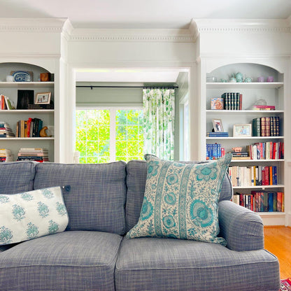 Home Couture Fabric: Persian Flower with Border - Custom Multi Aquas on White 100% Linen