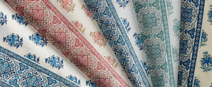 Home Couture Fabric: Persian Flower with Border - Custom Multi Aquas on White 100% Linen