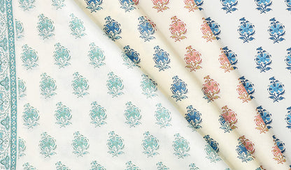 Home Couture Fabric: Persian Flower with Border - Custom Multi Aquas on White 100% Linen
