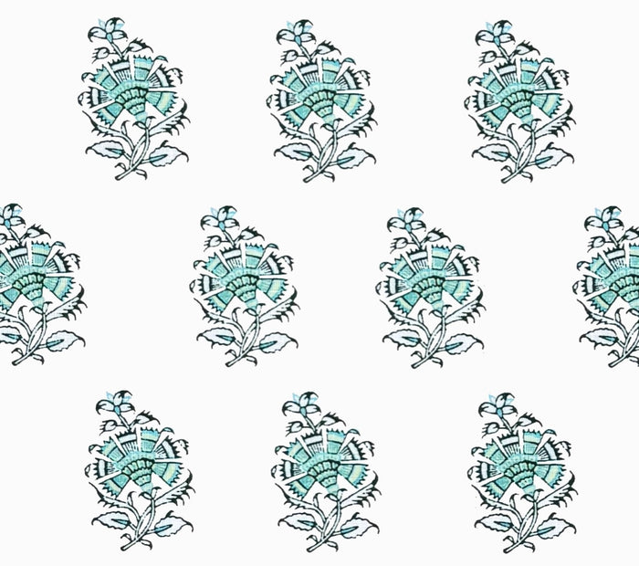 Home Couture Fabric: Persian Flower with Border - Custom Multi Aquas on White 100% Linen