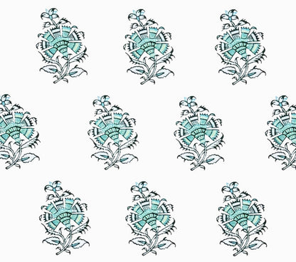 Home Couture Fabric: Persian Flower with Border - Custom Multi Aquas on White 100% Linen