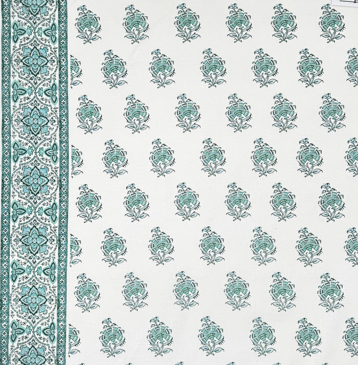 Home Couture Fabric: Persian Flower with Border - Custom Multi Aquas on White 100% Linen