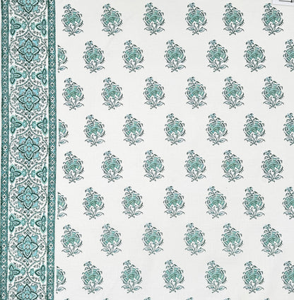 Home Couture Fabric: Persian Flower with Border - Custom Multi Aquas on White 100% Linen
