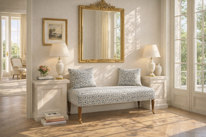 Home Couture Fabric: Scroll - Custom Vapor on Tan 100% Linen