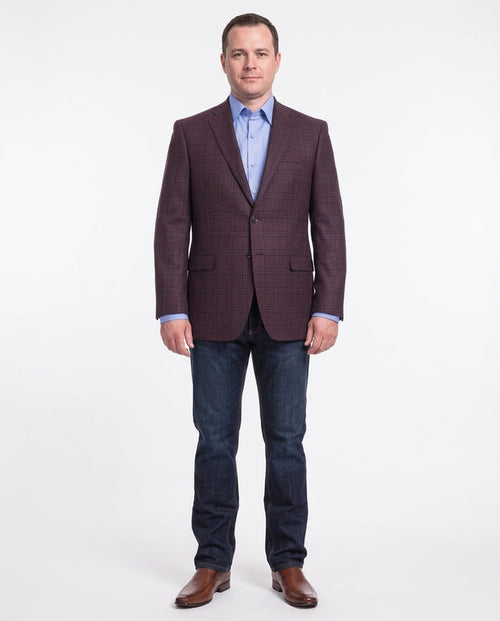 I Uomo Mens Regular Fit Burgundy Plaid 2 Button Wool Blazer Sportcoat - The Suit Depot