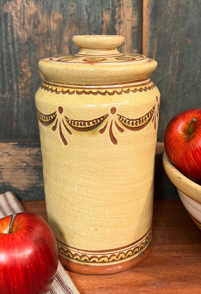 SE-147 Redware Med Covered Canister with Swag Design