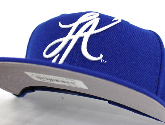 LA Script New Era 9Fifty Snapback Hats (Blue Gray Under Brim)