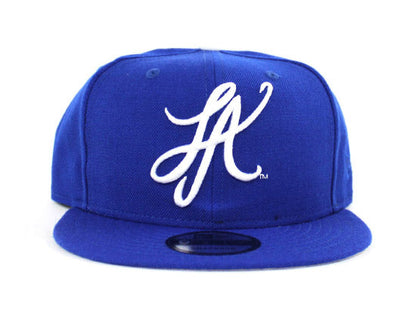 LA Script New Era 9Fifty Snapback Hats (Blue Gray Under Brim)