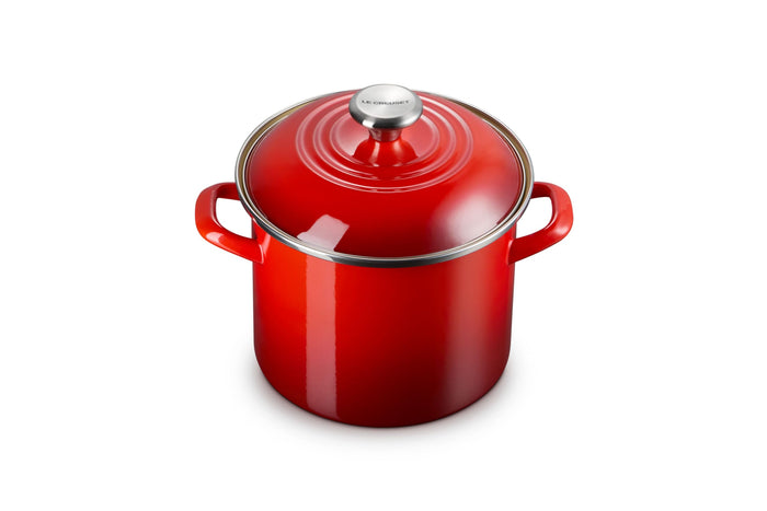 Cerise stockpot with lid and handles on white background