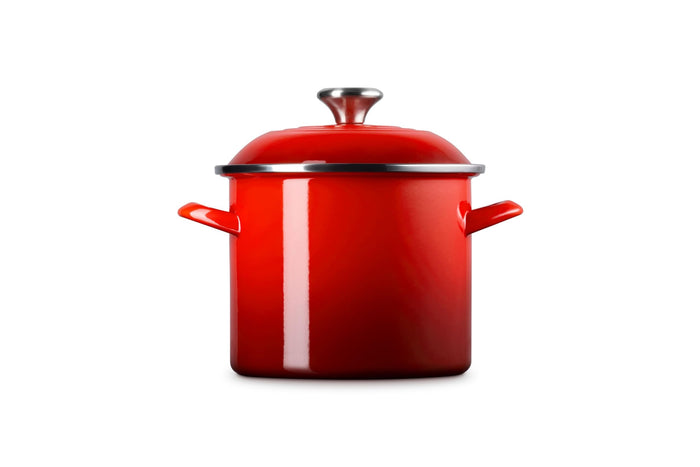 Cerise stockpot with lid and handles on white background